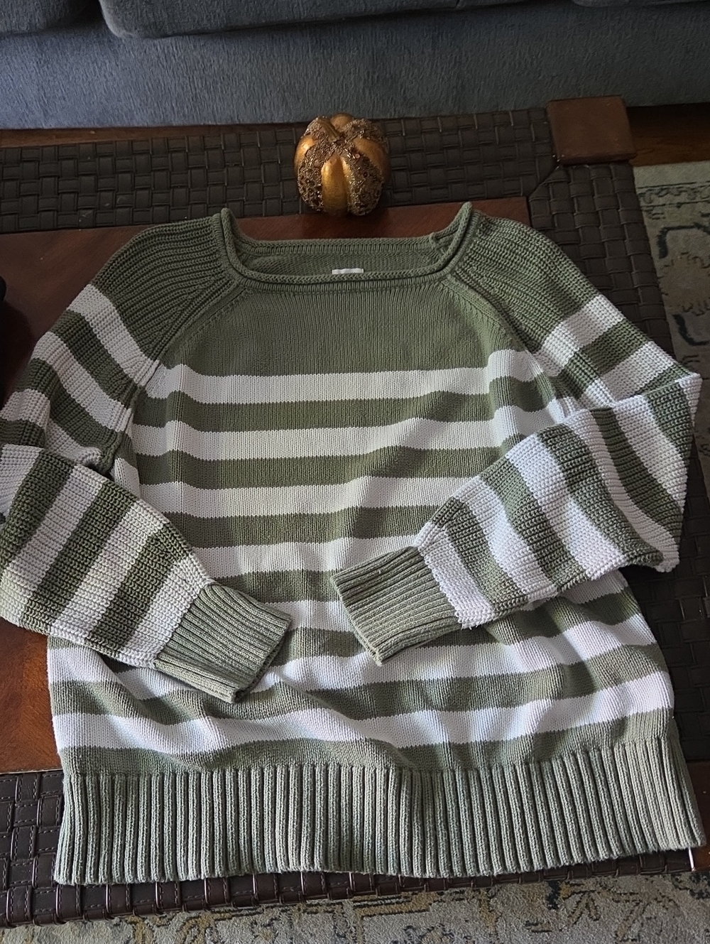 AERIE OVERSIZED Striped Olive and White Knit Sweater - Women's , Fits Up To Xxl